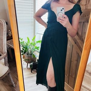 Reformation Piper Dress : Emerald Green Wrap Midi Dress flutter cap sleeves